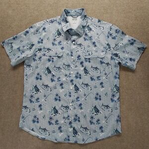 IZOD Saltwater Men's LARGE Aqua Blue Marlin Fish Print Performance Polo Shirt